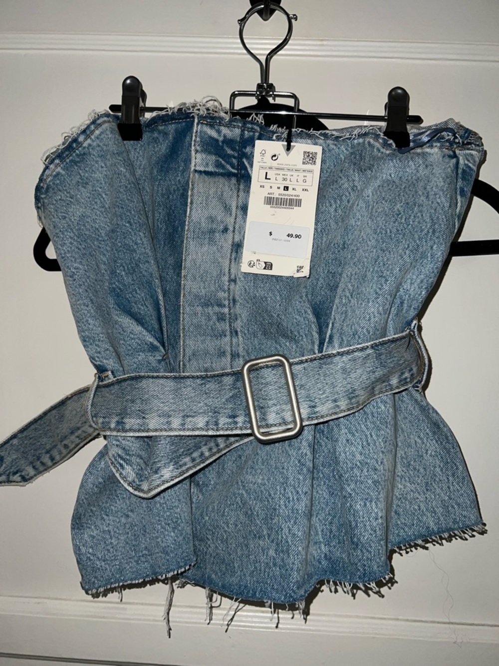Zara Blue Denim Strapless Belted Top